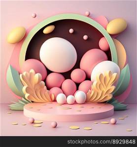 Easter Podium Stand with Pink 3D Render Eggs Decoration for Product Promotion