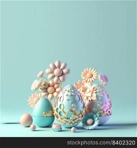 Easter Poster Background with 3D Render Easter Eggs and Floral Ornament