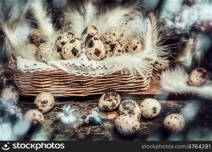 Easter Quail eggs in Basket with hyacinths flowers on dark wooden background