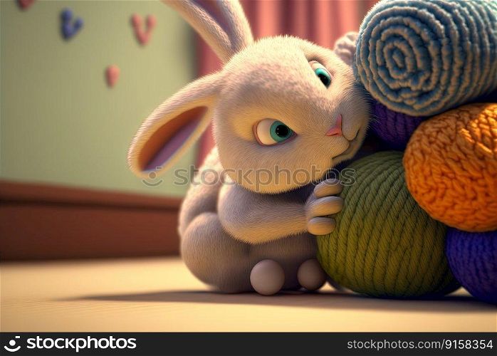 Easter rabbit with colorful holiday eggs. Cute fluffy bunny celebrating spring holiday. Easter rabbit with colorful holiday eggs. Cute fluffy bunny celebrating spring holiday. Generated AI.