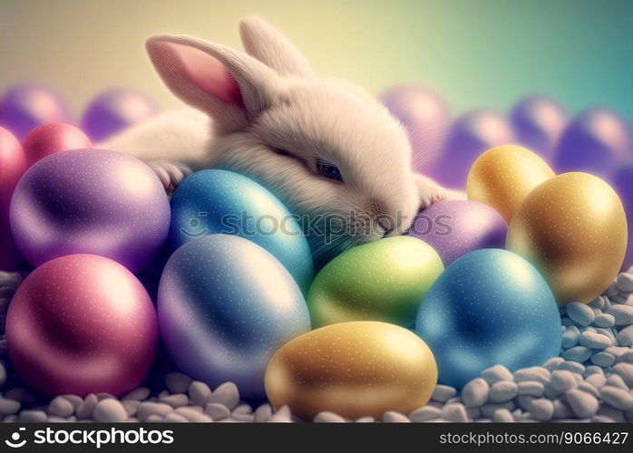 Easter rabbit with colorful holiday eggs. Cute fluffy bunny celebrating spring holiday. Generated AI