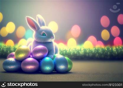 Easter rabbit with colorful holiday eggs. Cute fluffy bunny celebrating spring holiday. Generated AI