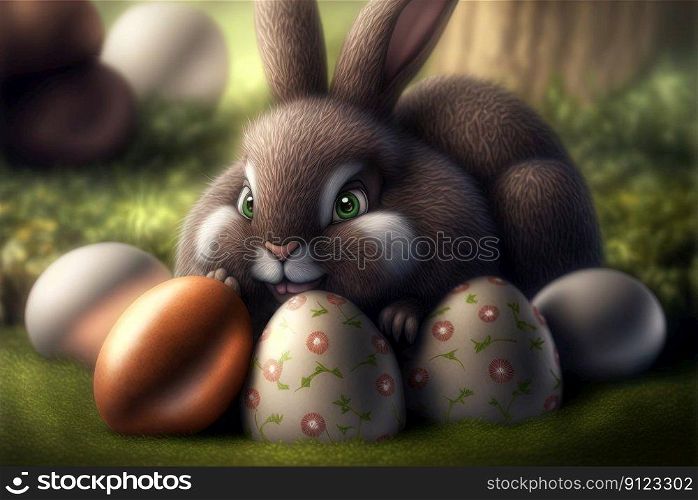 Easter rabbit with colorful holiday eggs. Cute fluffy bunny celebrating spring holiday. Generated AI