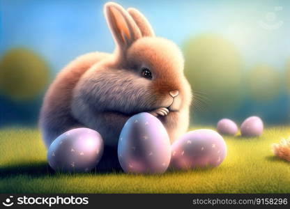 Easter rabbit with colorful holiday eggs. Cute fluffy bunny celebrating spring holiday. Generated AI