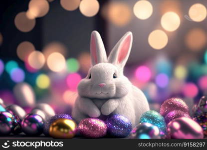 Easter rabbit with colorful holiday eggs. Cute fluffy bunny celebrating spring holiday. Generated AI