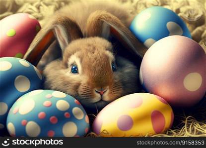 Easter rabbit with colorful holiday eggs. Cute fluffy bunny celebrating spring holiday. Generated AI. Easter rabbit with colorful holiday eggs. Cute fluffy bunny celebrating spring holiday. Generated AI.