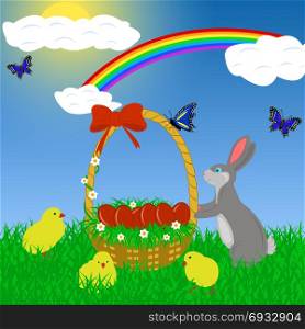 Easter rabbit with eggs in a basket
