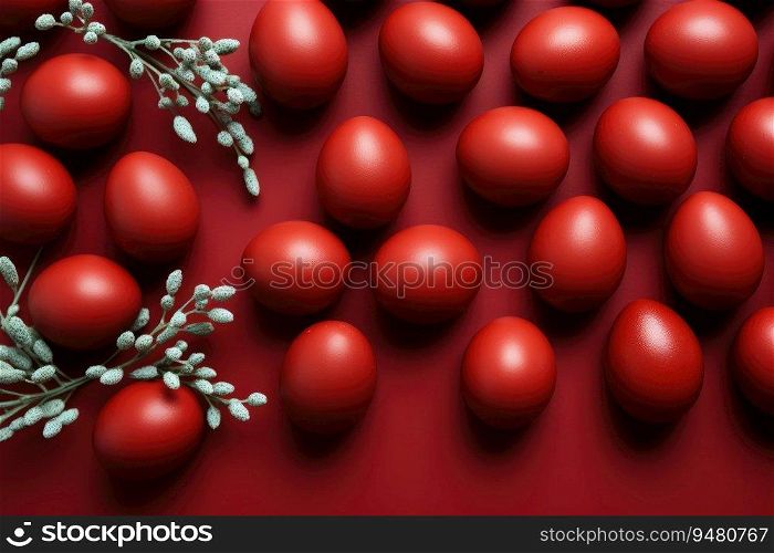 Easter red colored eggs on red background. Generative AI