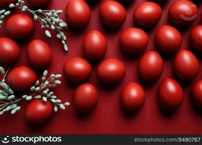 Easter red colored eggs on red background. Generative AI