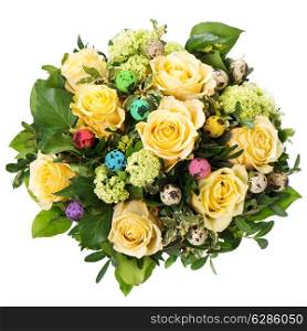 Easter roses bouquet with colored eggs isolated on white background