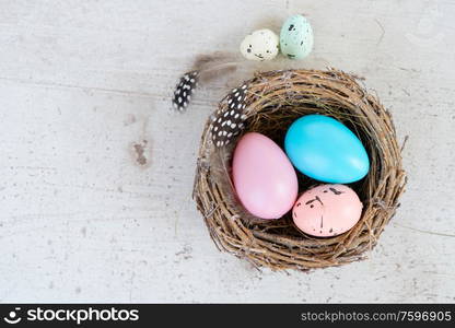 Easter scene with colored eggs in nest, flat lay on white wooden background with copy space. Easter colored eggs