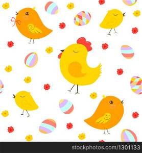 Easter seamless pattern chickens. Traditional illustration of yellow chickens and easter eggs. For the design of wrapping paper, cards, clothes and textiles.