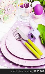 Easter serving, lilac plates and green flatware and decor
