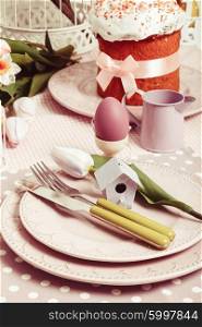 Easter serving, lilac plates and green flatware and decor
