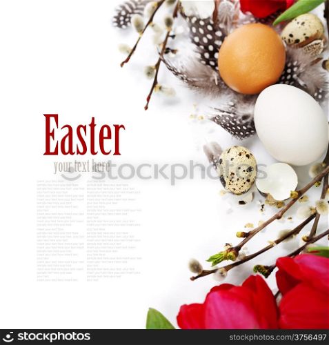 Easter still life of quail eggs and spring flowers (with easy removable text)