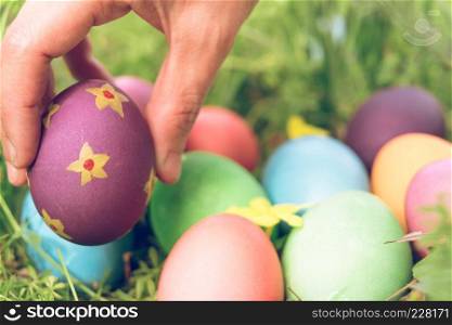 Easter sunday, happy easter, colorful easter eggs hunt holiday decorations easter concept backgrounds with copy space - gain & noise filter apply