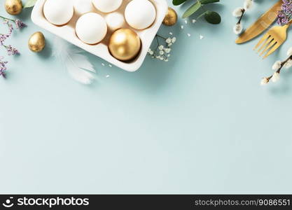 Easter table decorations. Happy Easter concept with golden table setting, easter eggs, feathers and spring flowers. Easter background with copy space. Flat lay