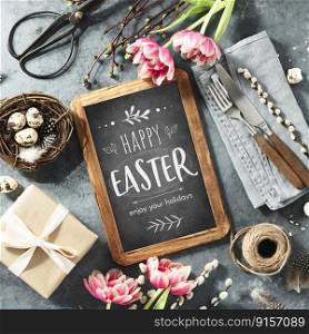 Easter table setting with Happy Easter text on vintage chalk board, spring flowers and cutlery on dark blue background top view flat lay