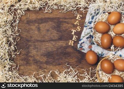 easter title near chicken eggs bowls flowered material tinsel board