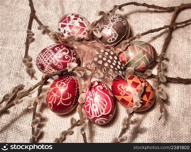 Easter vintage card. Vector illustration. Background with Easter eggs.. Easter vector background