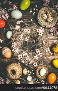 Easter wreath on a wooden background