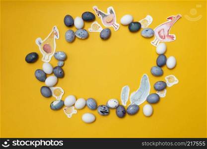 Easter wreath with Painted chickens and easter eggs in round shape on yellow background. Round frame of Easter eggs