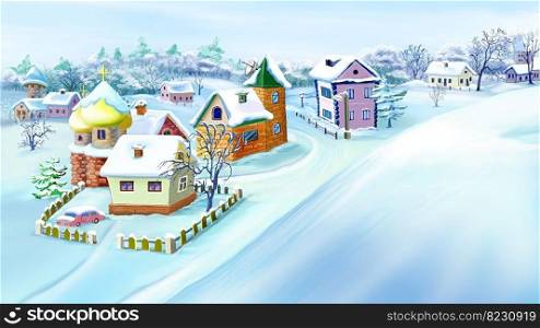 Eastern Europe Traditional Village in Winter  with small houses and churches. Handmade illustration in a classic cartoon style. Eastern Europe Traditional Village in Winter  with small houses and churches. Handmade illustration in a classic cartoon style.. Eastern  Europe Traditional Village in Winter.