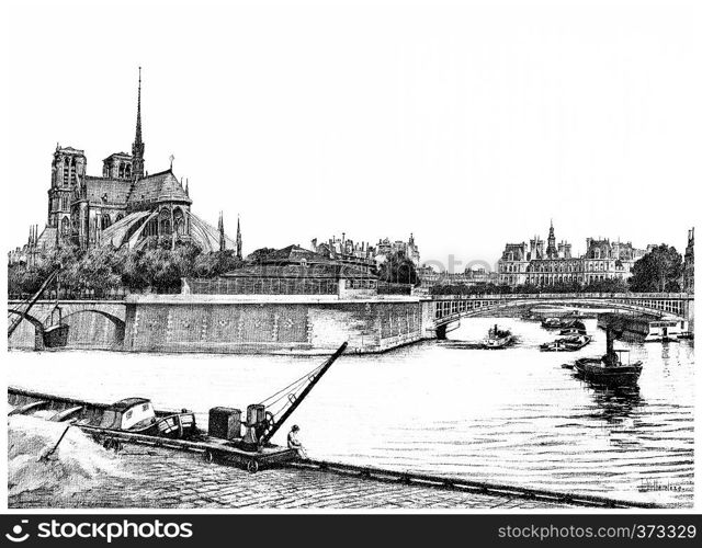 Eastern tip of the island of the city, vintage engraved illustration. Paris - Auguste VITU ? 1890.