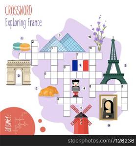 Easy crossword puzzle &rsquo;Exploring France&rsquo;, for children in elementary and middle school. Fun way to practice language comprehension and expand vocabulary. Includes answers. Vector illustration.