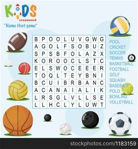 Easy crossword puzzle &rsquo;Name that game&rsquo;, for children in elementary and middle school. Fun way to practice language comprehension and expand vocabulary. Includes answers.