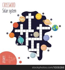 Easy crossword puzzle 'Solar system', for children in elementary and middle school. Fun way to practice language comprehension and expand vocabulary.Includes answers. Vector illustration.
