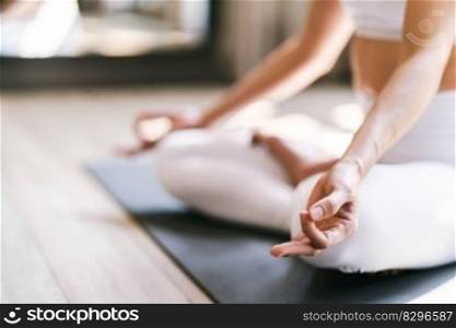 Easy Seat pose Female Attractive asian woman doing yoga stretching exercise on mat yoga   fitness exercises. Healthy lifestyle Calmness and relax at home