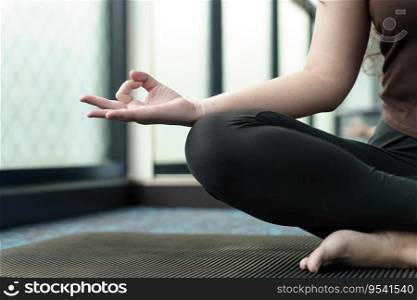  Easy Seat pose Female Attractive asian woman doing yoga stretching exercise on mat yoga fitness exercises. Healthy lifestyle Calmness and relax
