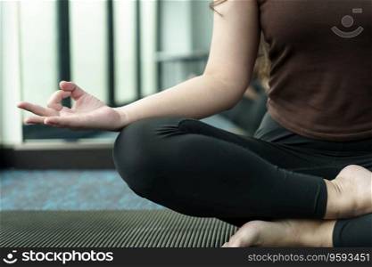 
Easy Seat pose Female Attractive asian woman doing yoga stretching exercise on mat yoga fitness exercises. Healthy lifestyle Calmness and relax