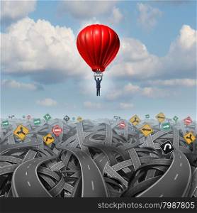 Easy way forward rise above confusion leadership concept with a businessman in a balloon flying and soaring over a complicated group of roads as a business metaphor of innovative creative thinking for success.