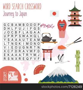 Easy word search crossword puzzle &rsquo;Journey to Japan&rsquo;, for children in elementary and middle school. Fun way to practice language comprehension and expand vocabulary. Includes answers. Vector illustration.