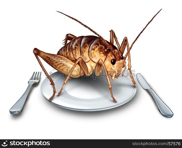 Eat bugs and eating insects as exotic cuisine and alternative high protein nutrition food as a cricket insect in a plate with knife and fork as a symbol for entomophagy with 3D illustration elements.