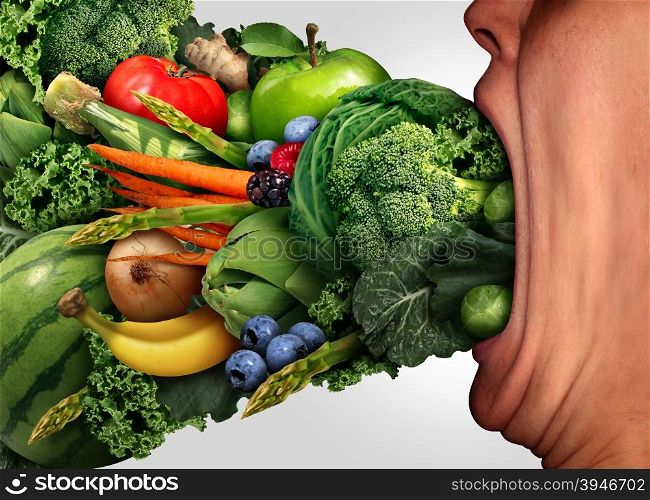 Eat healthy nutrition concept as a person with a wide open stretched mouth eating fresh fruits and vegetables as a health and fitness lifestyle symbol.