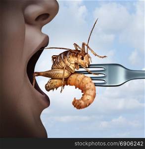 Eat insects and eating bugs as exotic cuisine and alternative high protein nutrition food as a person with an open mouth with a cricket and larva on a fork as a symbol for entomophagy with 3D render elements.