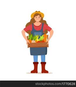 Eat local organic products cartoon vector concept. Colorful illustration of happy farmer character girl holding box with grown vegetables. Ecological market design for selling agricultural products. Eat local organic products cartoon vector concept. Colorful illustration of happy farmer