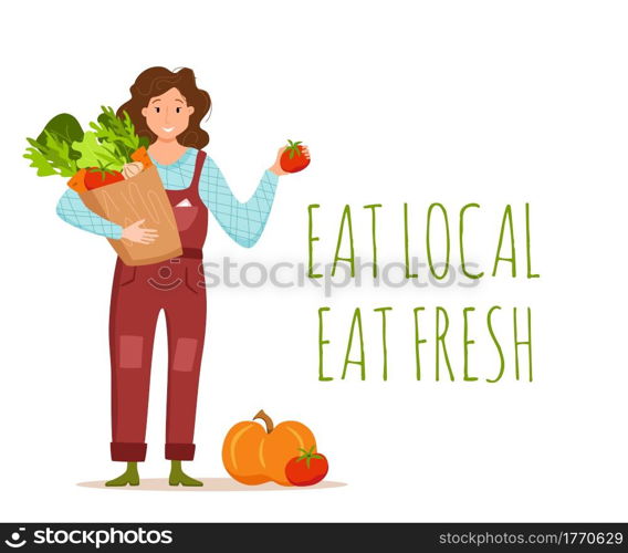 Eat local organic products cartoon vector concept. Colorful illustration of happy farmer character girl holding box with grown vegetables. Ecological market design for selling agricultural products. Eat local organic products cartoon vector concept. Colorful illustration of happy farmer