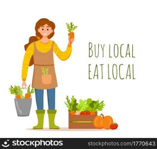 Eat local organic products cartoon vector concept. Colorful illustration of happy farmer character girl holding bucket with grown vegetables. Ecological market design for selling agricultural products. Eat local organic products cartoon vector concept. Colorful illustration of happy farmer