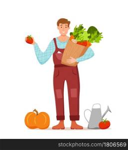 Eat local organic products cartoon vector concept. Colorful illustration of happy farmer character men holding package with grown vegetables. Ecological market design for selling agricultural products. Eat local organic products cartoon vector concept. Colorful illustration