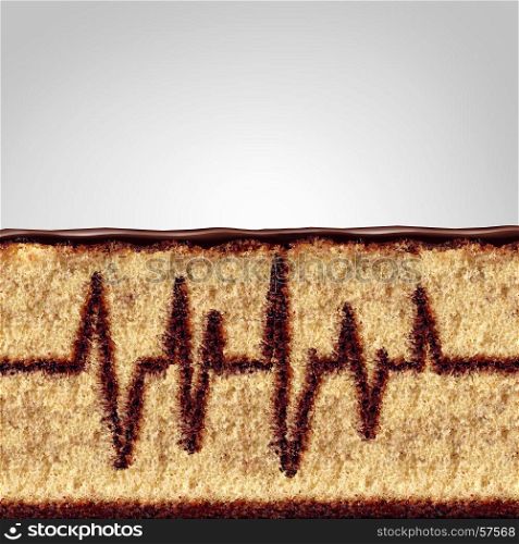 Eating and health concept as a cake with the filling shaped as an ekg or ecg monitor pattern as a medical or medicine risk symbol due to poor diet or unhealthy nutrition in a 3D illustration style.