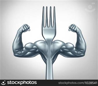 Eating fitness and power food symbol for strength workout or working out with nutritional supplement as a healthy fit lifestyle as a fork with muscles with 3D illustration elements.