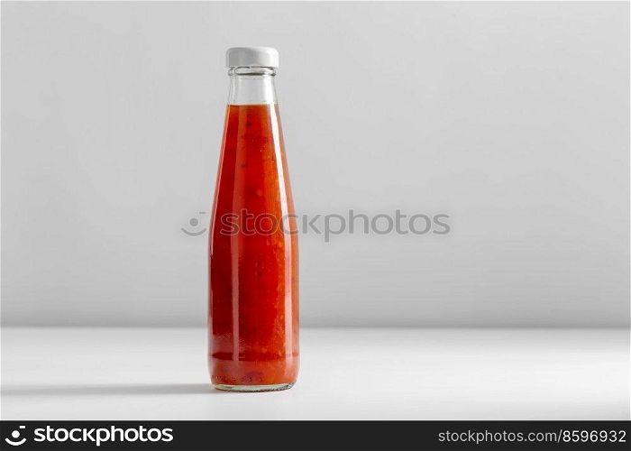 eating, food and culinary concept - close up of sour sweet asian sauce in glass bottle on table. close up of sour sweet sauce in bottle on table