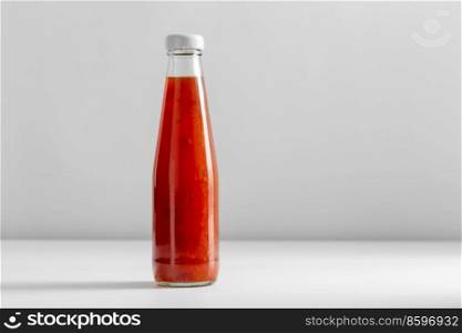 eating, food and culinary concept - close up of sour sweet asian sauce in glass bottle on table. close up of sour sweet sauce in bottle on table