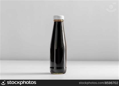 eating, food and culinary concept - close up of soy sauce in glass bottle on table. close up of soy sauce in glass bottle on table