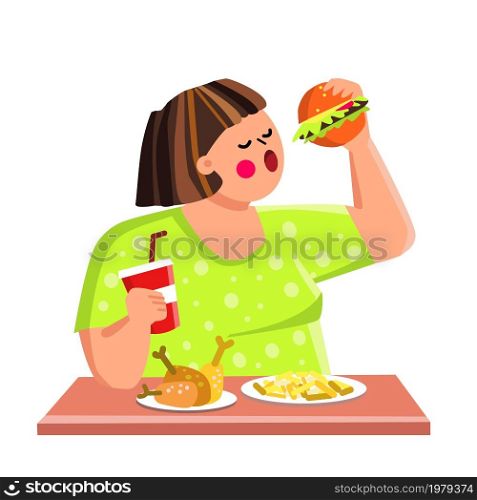 eating habits woman. bad habit. unhealthy nutrition. cholesterol sugar burger. diabetes girl. vector character flat cartoon Illustration. eating food habits vector