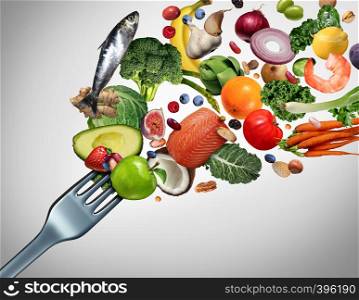 Eating healthy food and eat clean symbol as fresh raw ingredients bursting out of a dinner fork with 3D illustration elements.